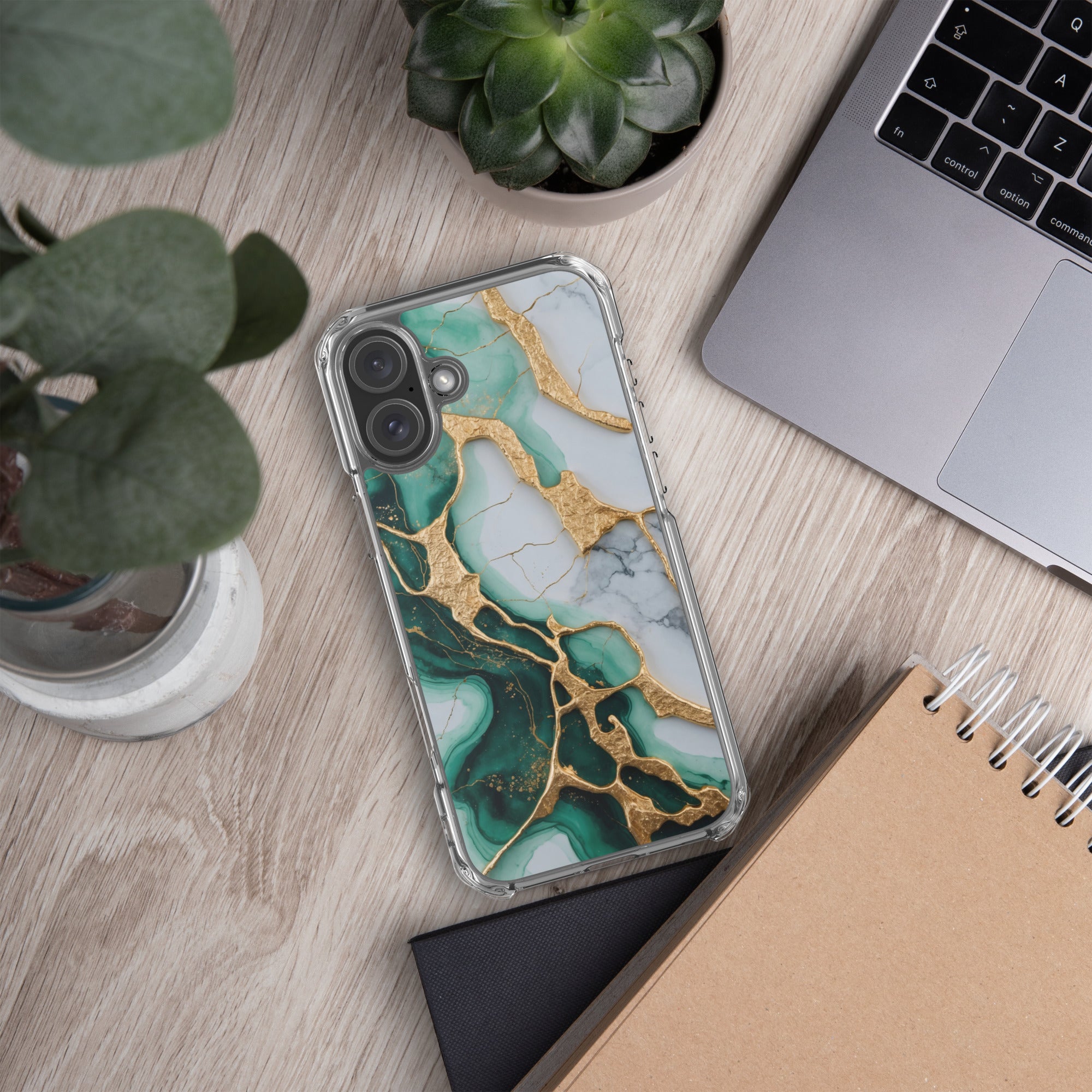 Emerald Golden Marble Flow Clear Case for iPhone 16 Plus