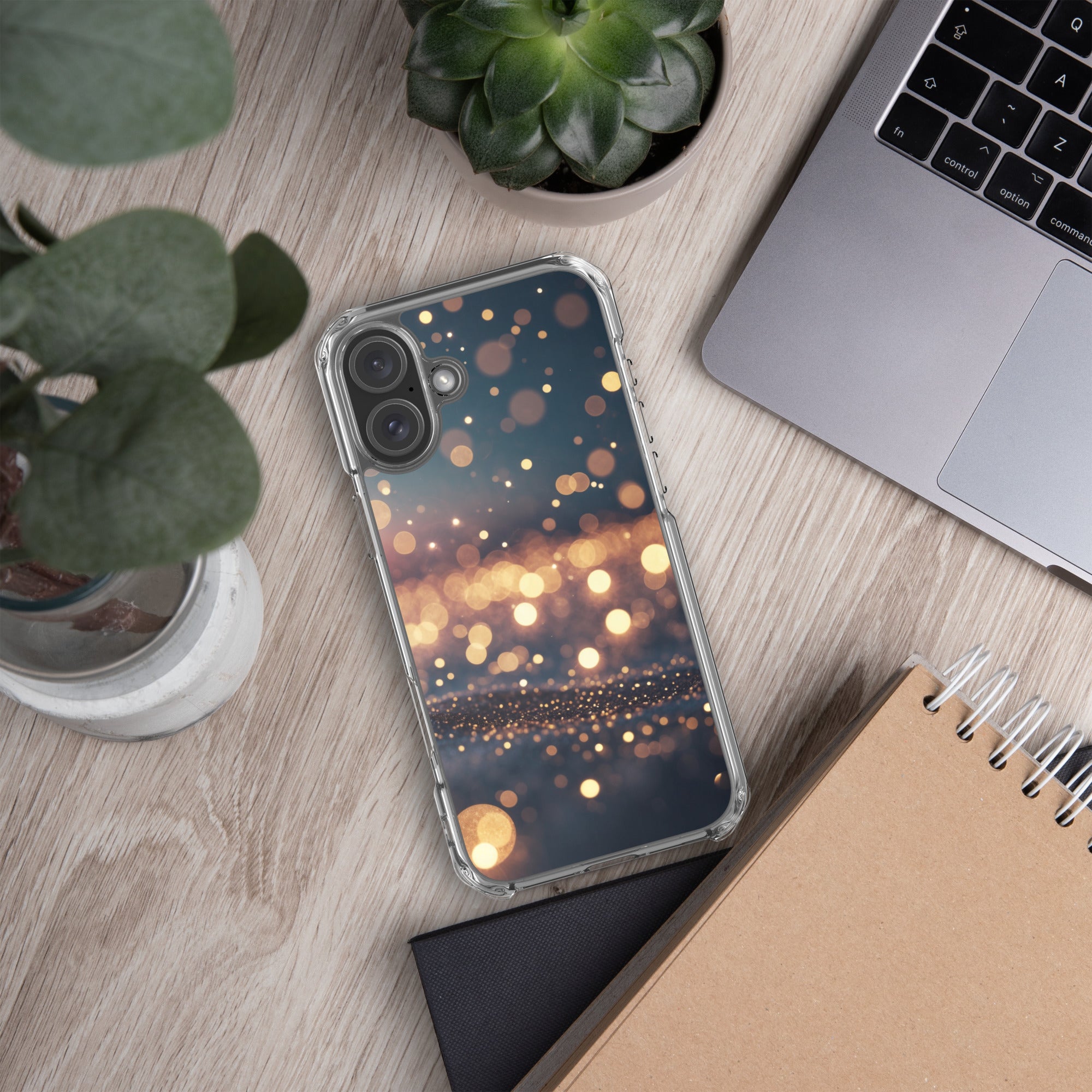 Golden Sparkle Bokeh Clear Case for iPhone 16 Plus - Glam Gold Light Glitter Protective Cover