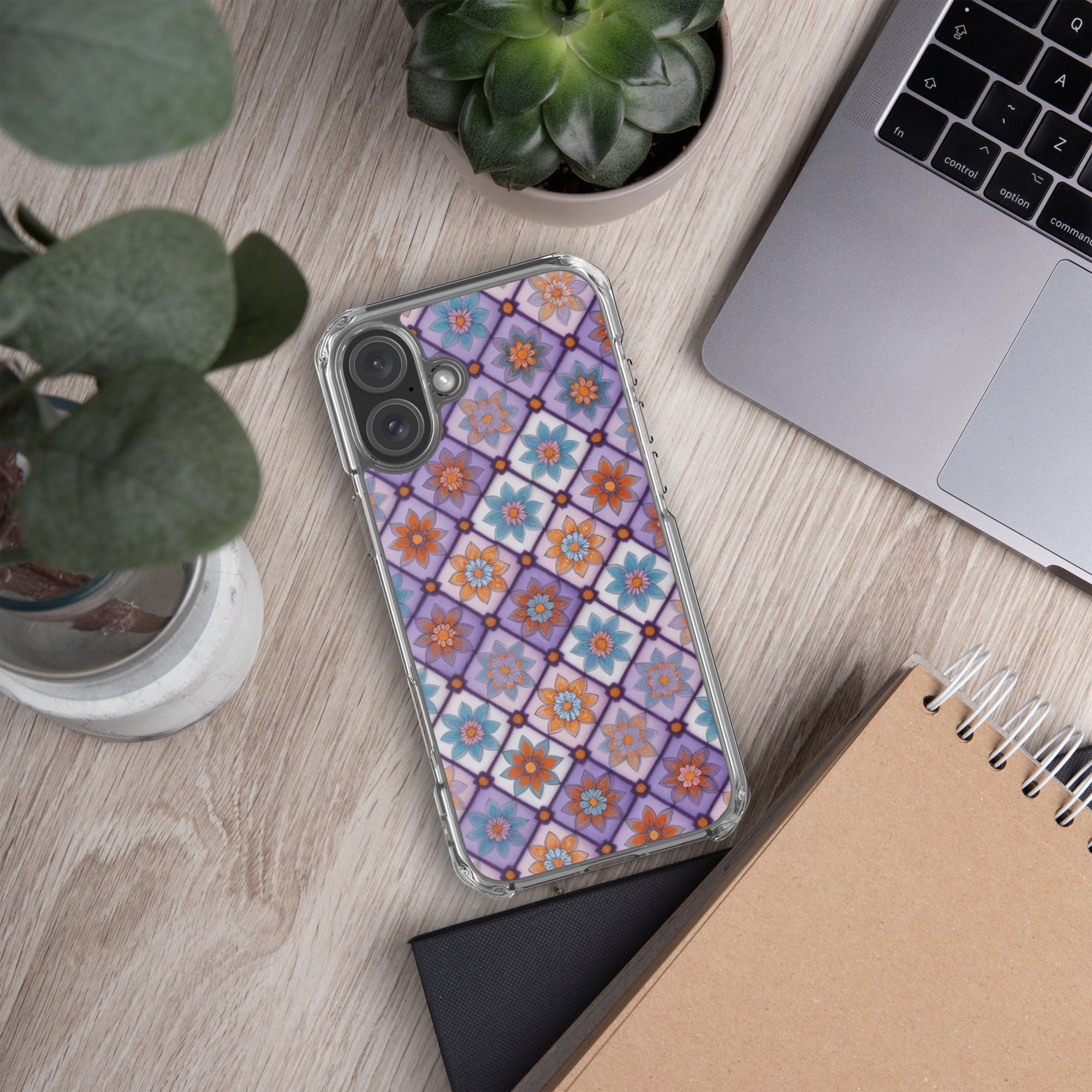 Violet Mosaic Blooms Clear Case for iPhone 16 Plus - Colorful Floral Pattern Protective Cover