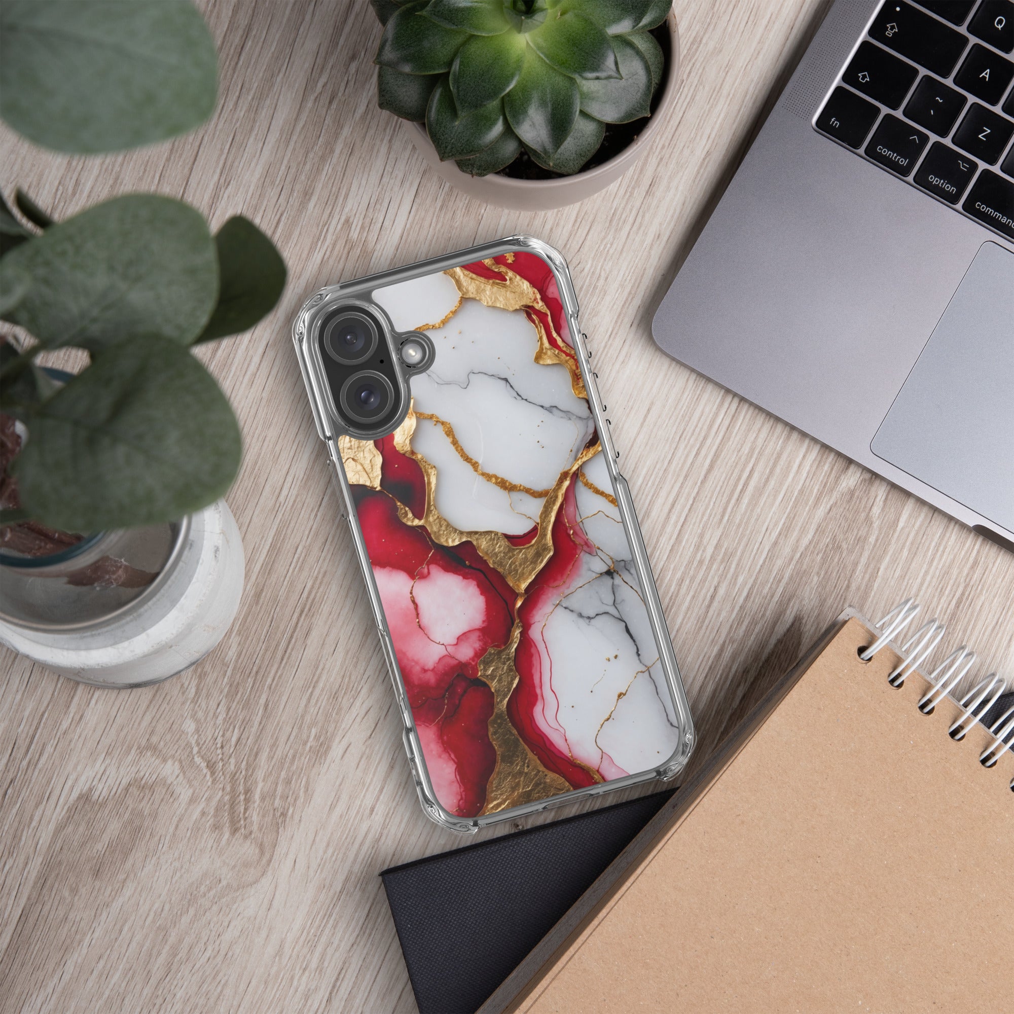 Crimson Golden Marble Luxe Clear Case for iPhone 16 Plus - Luxury Red & Gold Marble Protective Cover