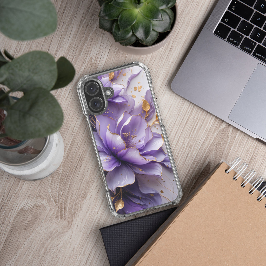Royal Violet Bloom Clear Case for iPhone 16 Plus - Luxury Purple & Gold Floral Protective Cover