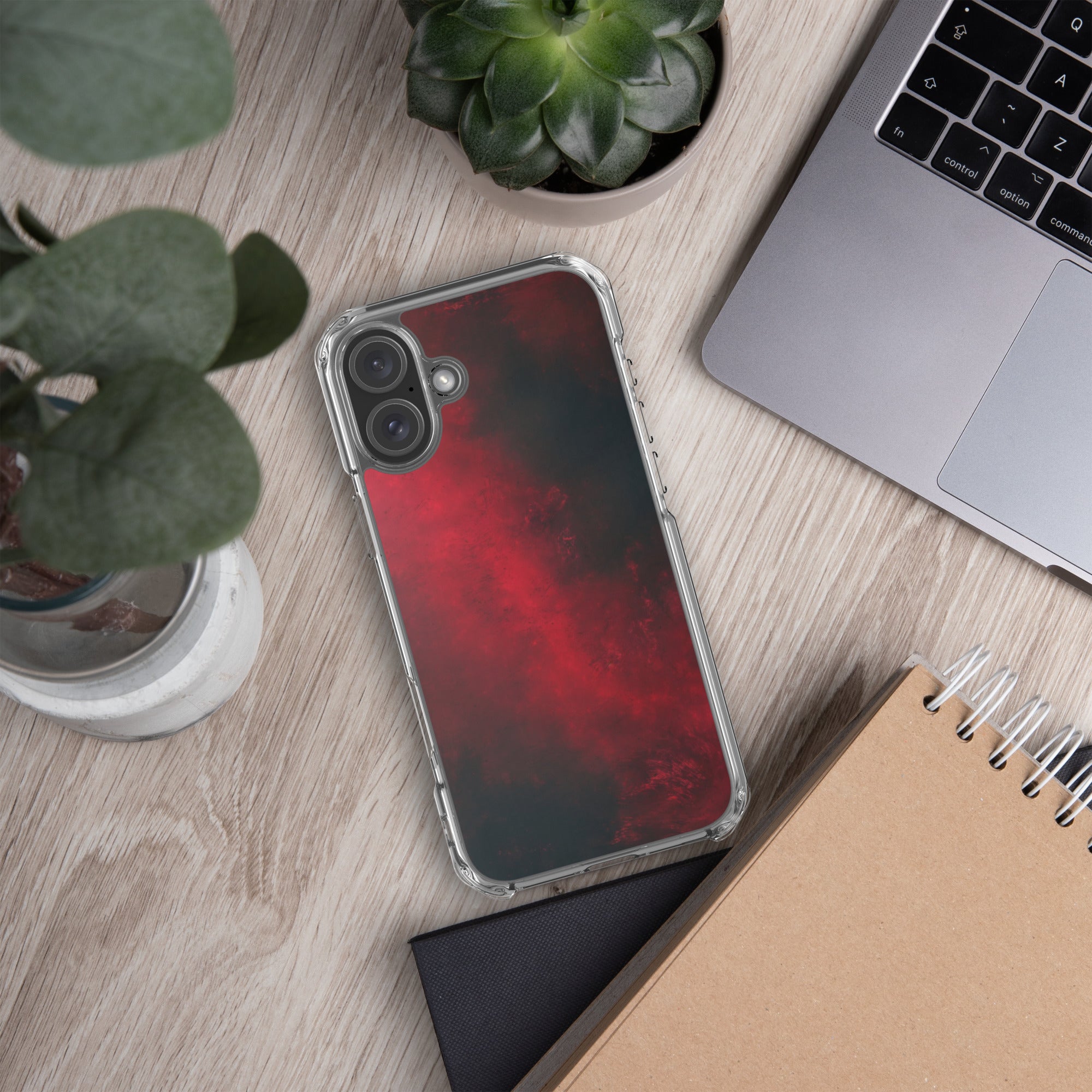 Crimson Nebula Clear Case for iPhone 16 Plus - Red & Black Abstract Smoke Protective Cover