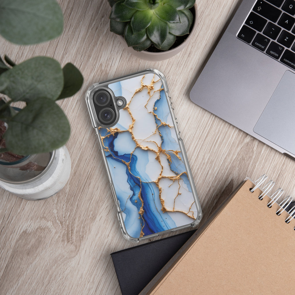 Royal Blue Marble Luxe Clear Case for iPhone 16 Plus - Luxury Blue & Gold Marble Protective Cover