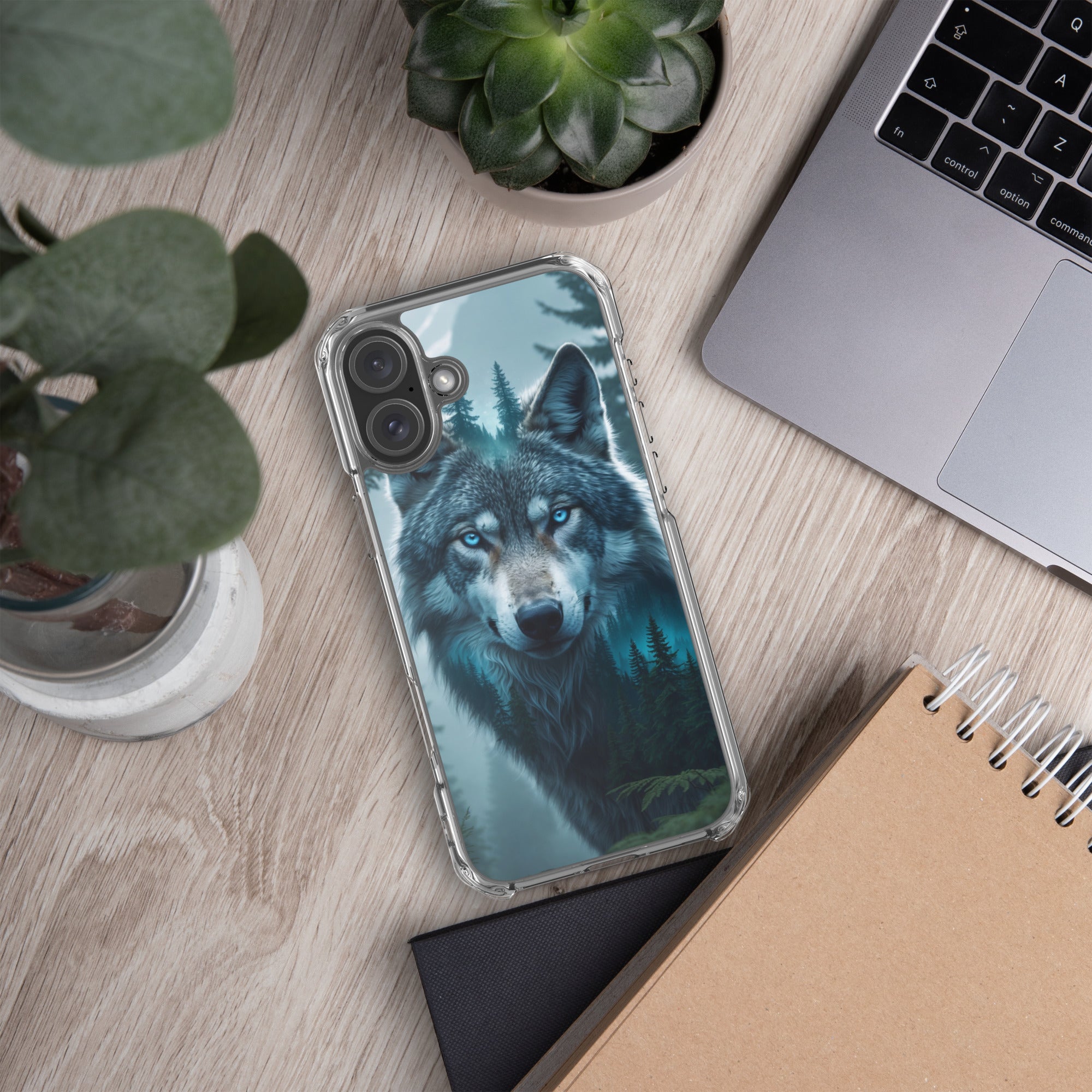Arctic Forest Wolf Clear Case for iPhone 16 Plus - Blue-Eyed Wolf Nature Protective Cover