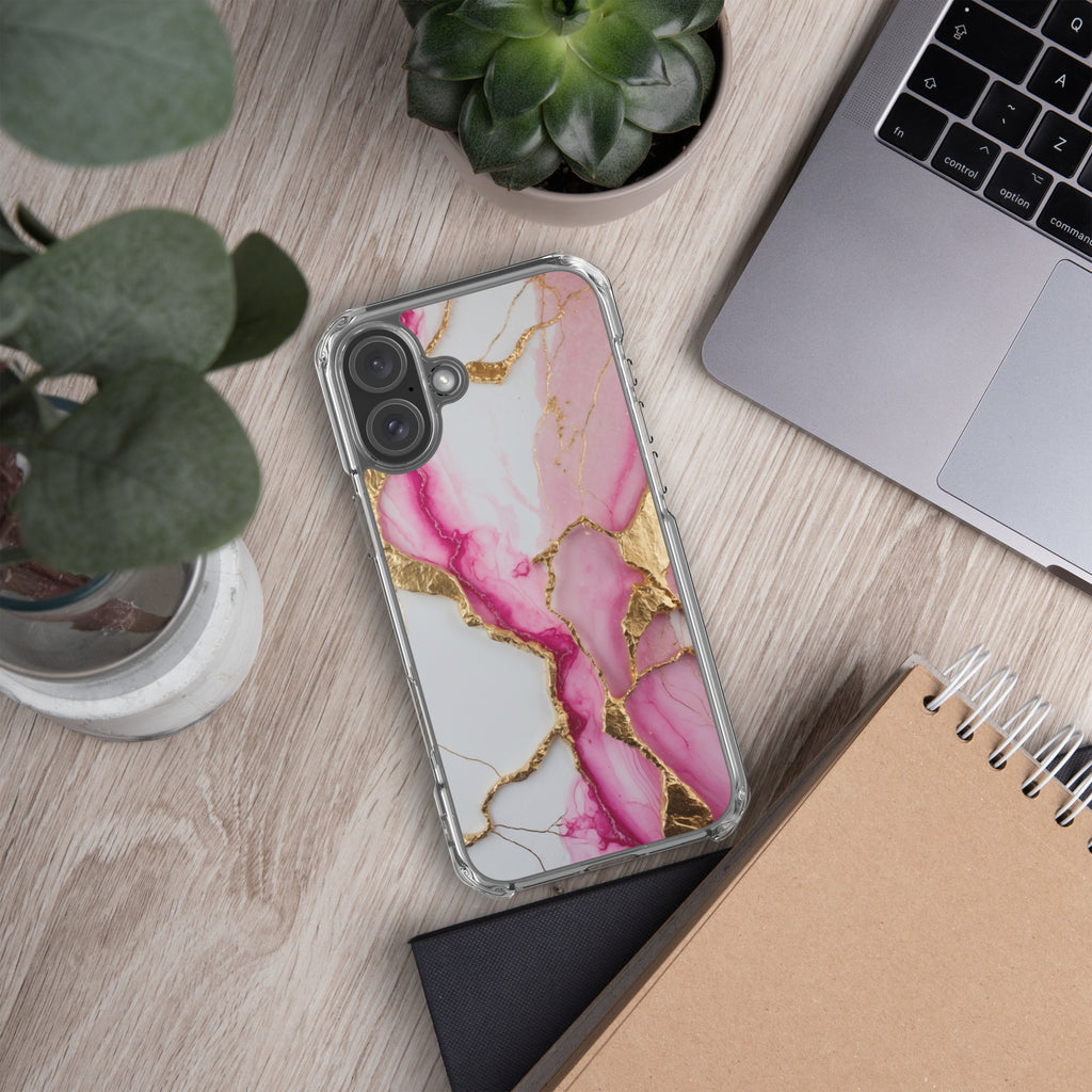 Pink Golden Marble Luxe Clear Case for iPhone 16 Plus