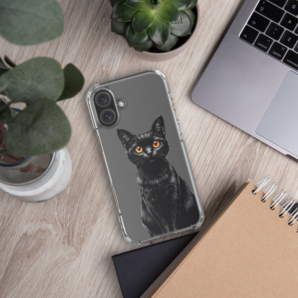 Midnight Black Cat Clear Case for iPhone 16 Plus - Elegant Black Cat Illustration Protective Cover