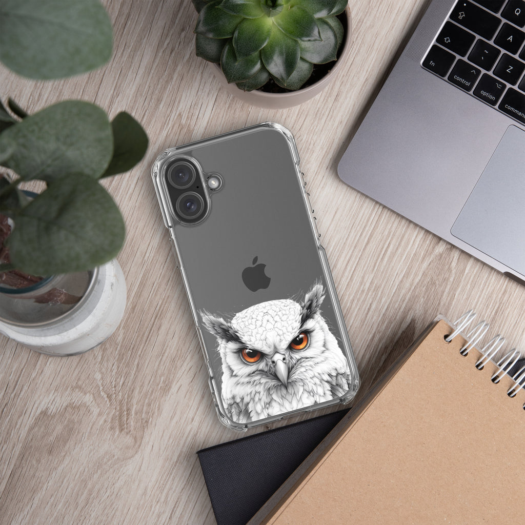 Snowy Owl Glare Clear Case for iPhone 16 Plus - Minimalist White Owl Illustration Protective Cover