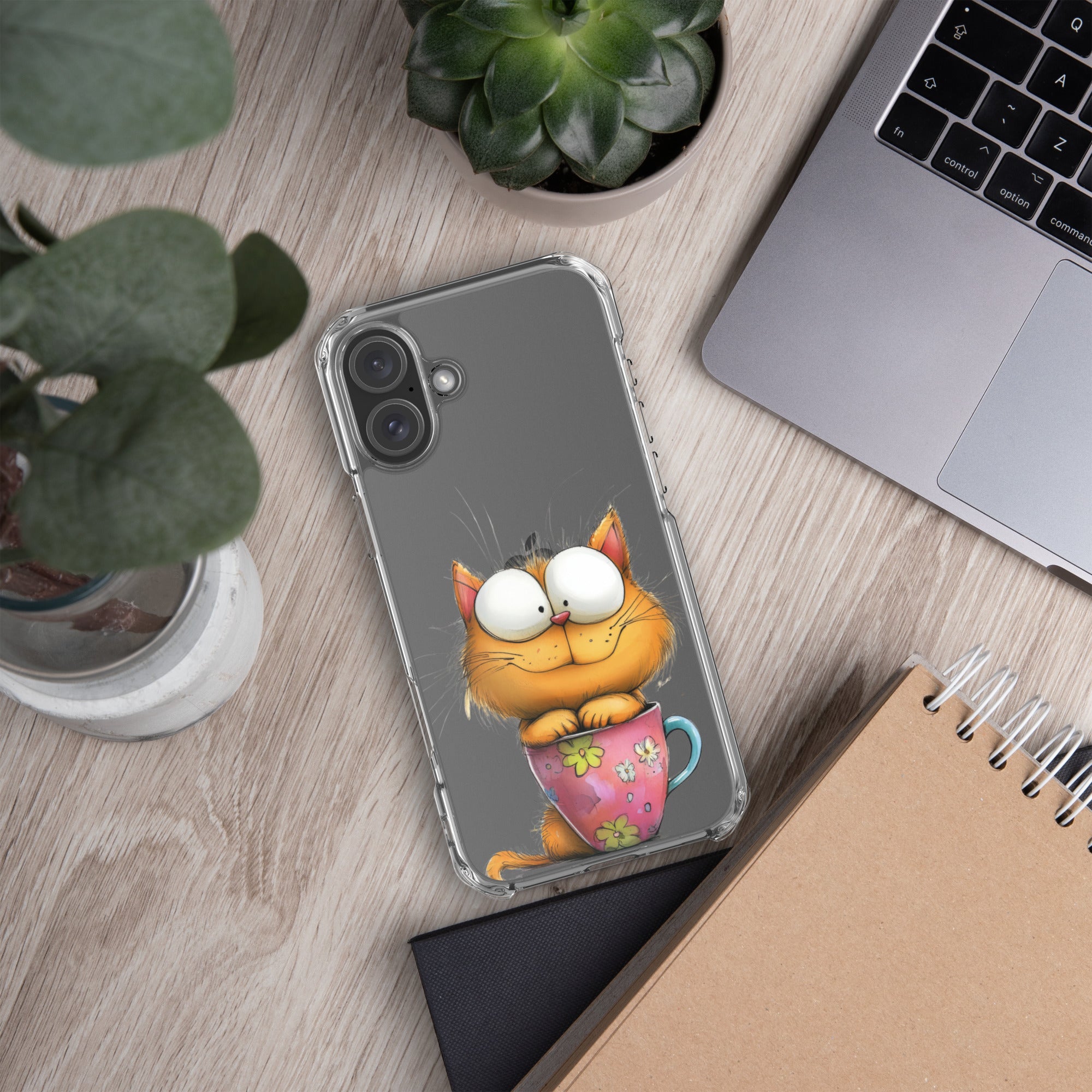 Goofy Cat in Cup Clear Case for iPhone 16 Plus - Funny Cartoon Kitty Protective Cover