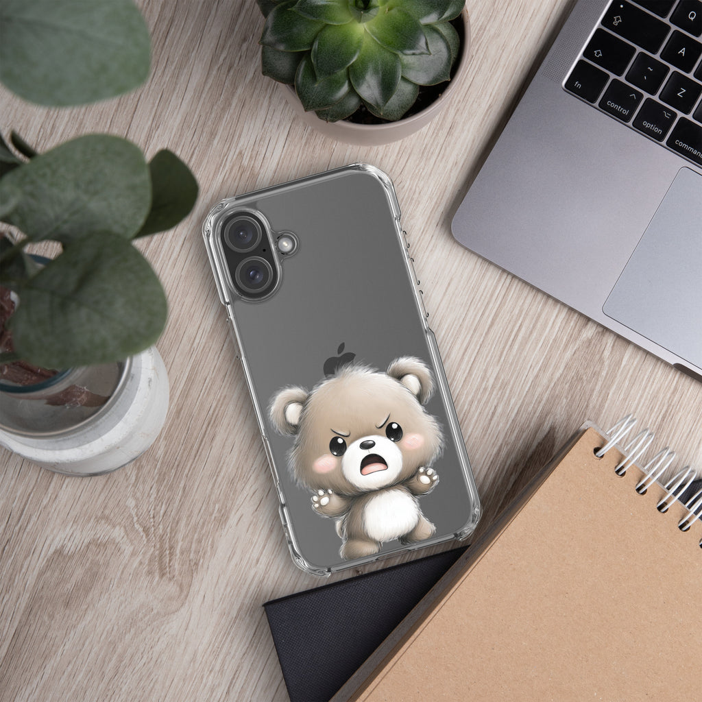 Angry Cute Bear Clear Case for iPhone 16 Plus - Funny Kawaii Bear Protective Cover