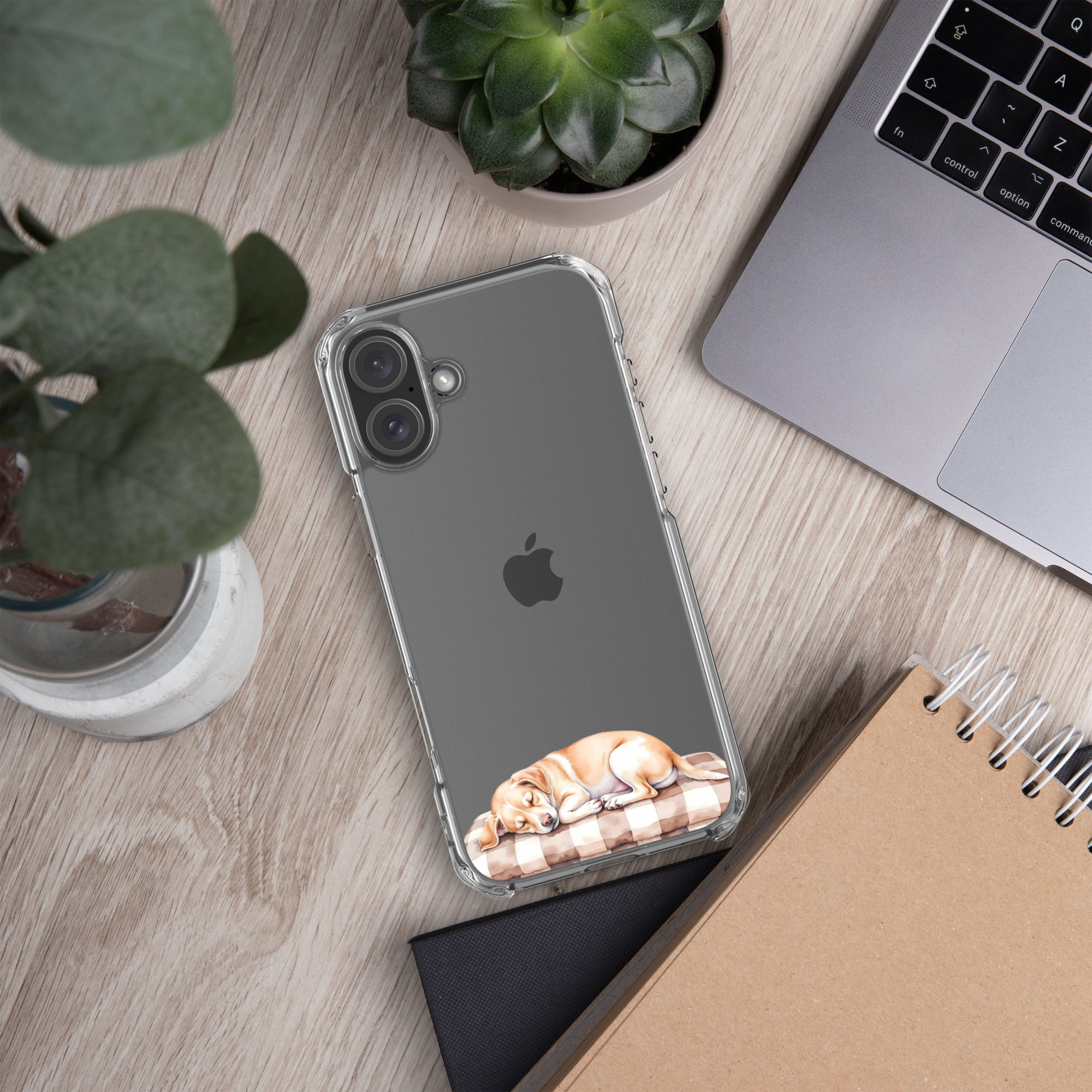Sleepy Dog on Checkered Blanket Clear Case for iPhone 16 Plus - Cute Cozy Puppy Illustration Protective Cover