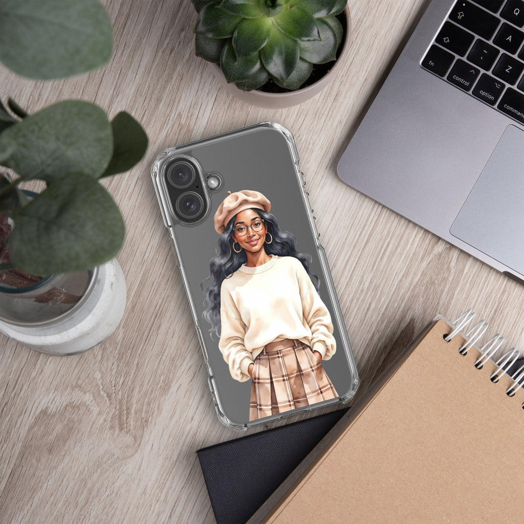 Cozy Plaid Autumn Girl Clear Case for iPhone 16 Plus - Fashion Illustration Protective Cover