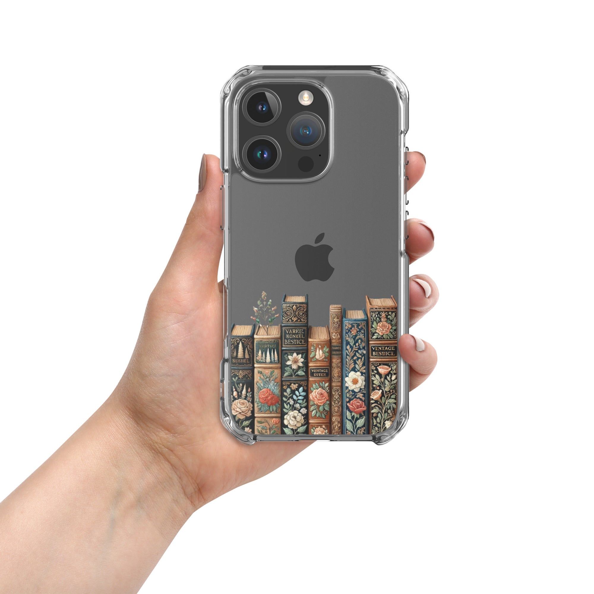 Vintage Floral Bookshelf Clear Case for iPhone 16 Pro - Dark Academia Book Lover Cover