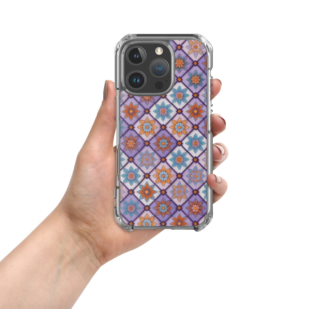 Violet Mosaic Blooms Clear Case for iPhone 16 Pro - Colorful Floral Pattern Protective Cover