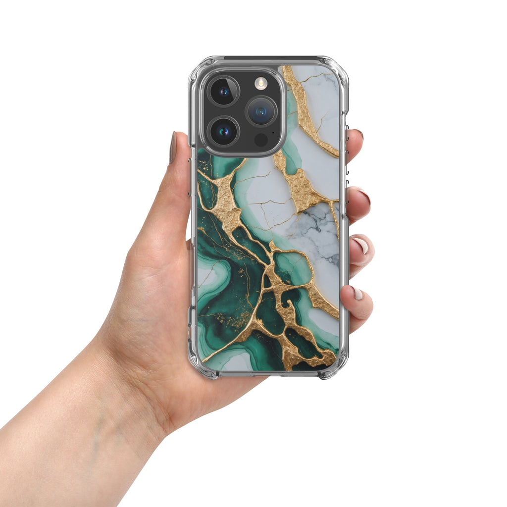 Emerald Golden Marble Flow Clear Case for iPhone 16 Pro - Luxury Green & Gold Marble Protective Cover