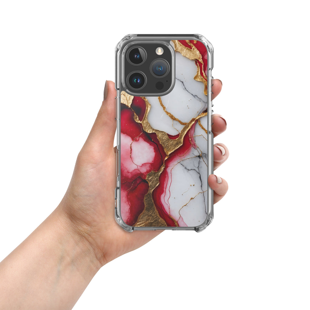 Crimson Golden Marble Luxe Clear Case for iPhone 16 Pro - Luxury Red & Gold Marble Protective Cover