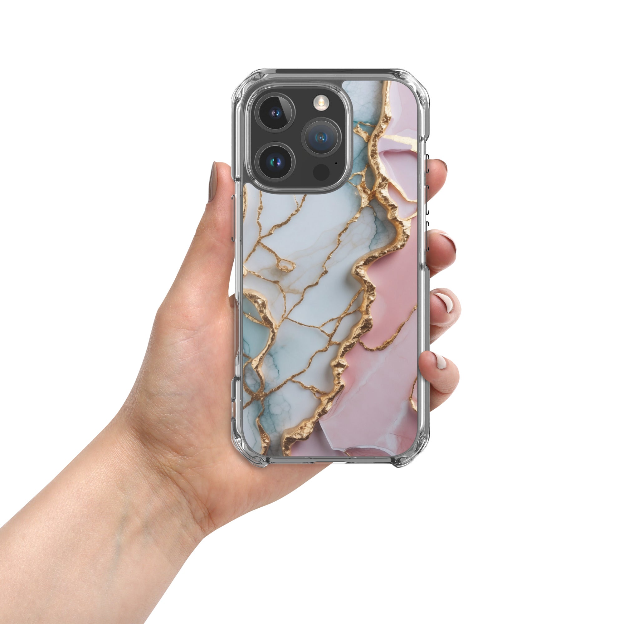 Pastel Golden Marble Fusion Clear Case for iPhone 16 Pro - Luxury Pink & Blue Marble Protective Cover