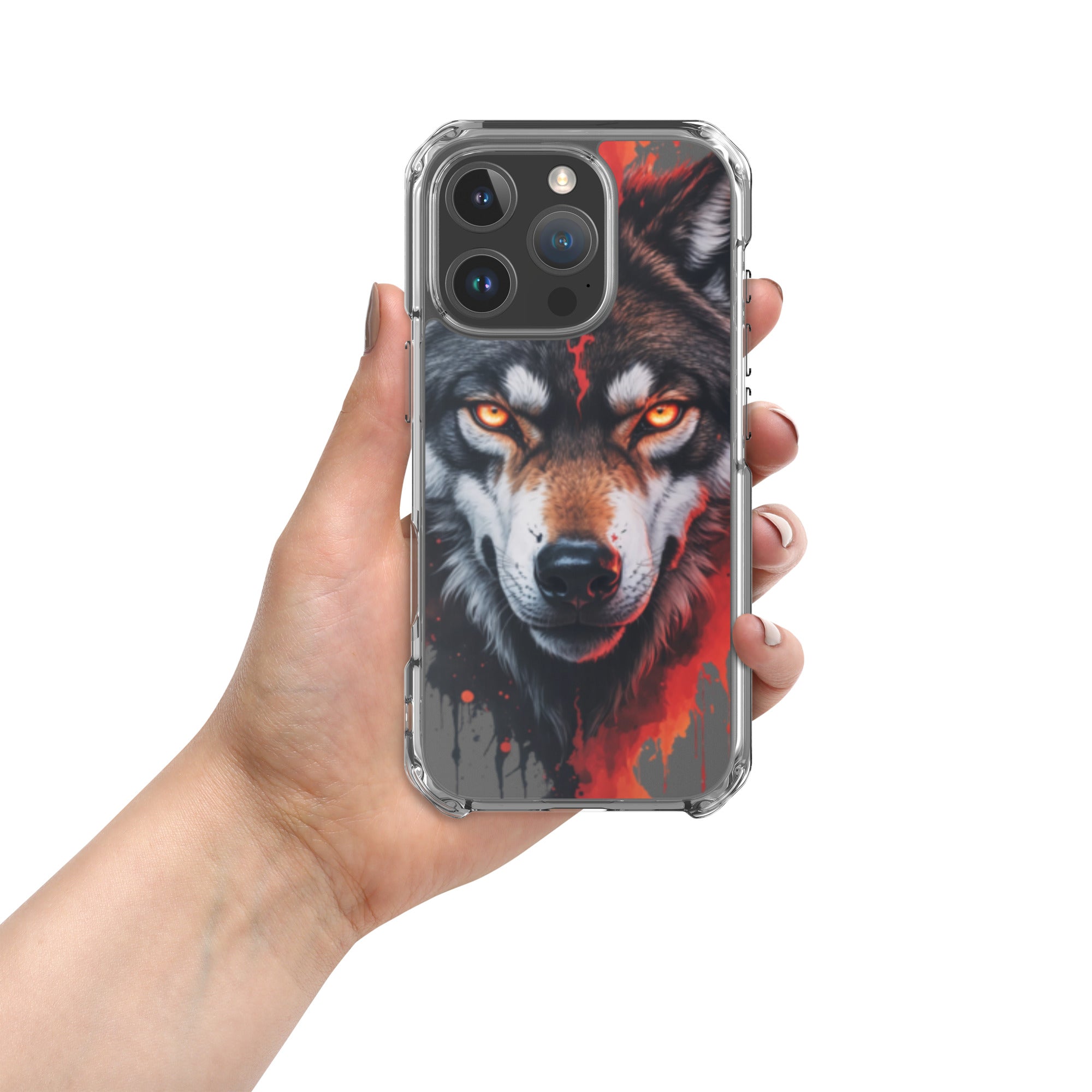 Dual Flame Wolf Clear Case for iPhone 16 Pro - Fierce Wolf Artwork Protective Cover