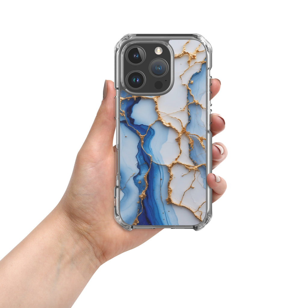 Royal Blue Marble Luxe Clear Case for iPhone 16 Pro - Luxury Blue & Gold Marble Protective Cover