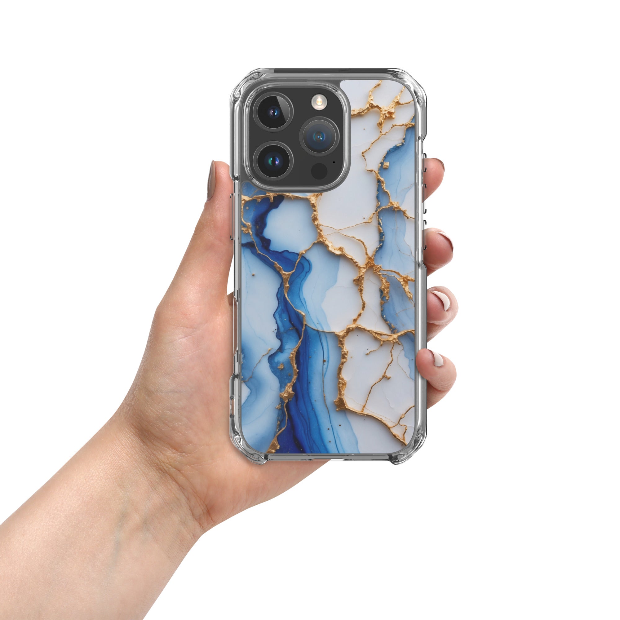 Royal Blue Marble Luxe Clear Case for iPhone 16 Pro - Luxury Blue & Gold Marble Protective Cover