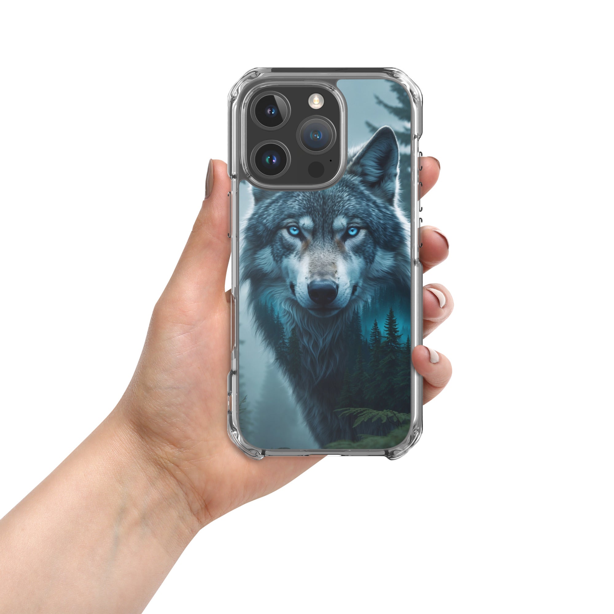 Arctic Forest Wolf Clear Case for iPhone 16 Pro - Blue-Eyed Wolf Nature Protective Cover