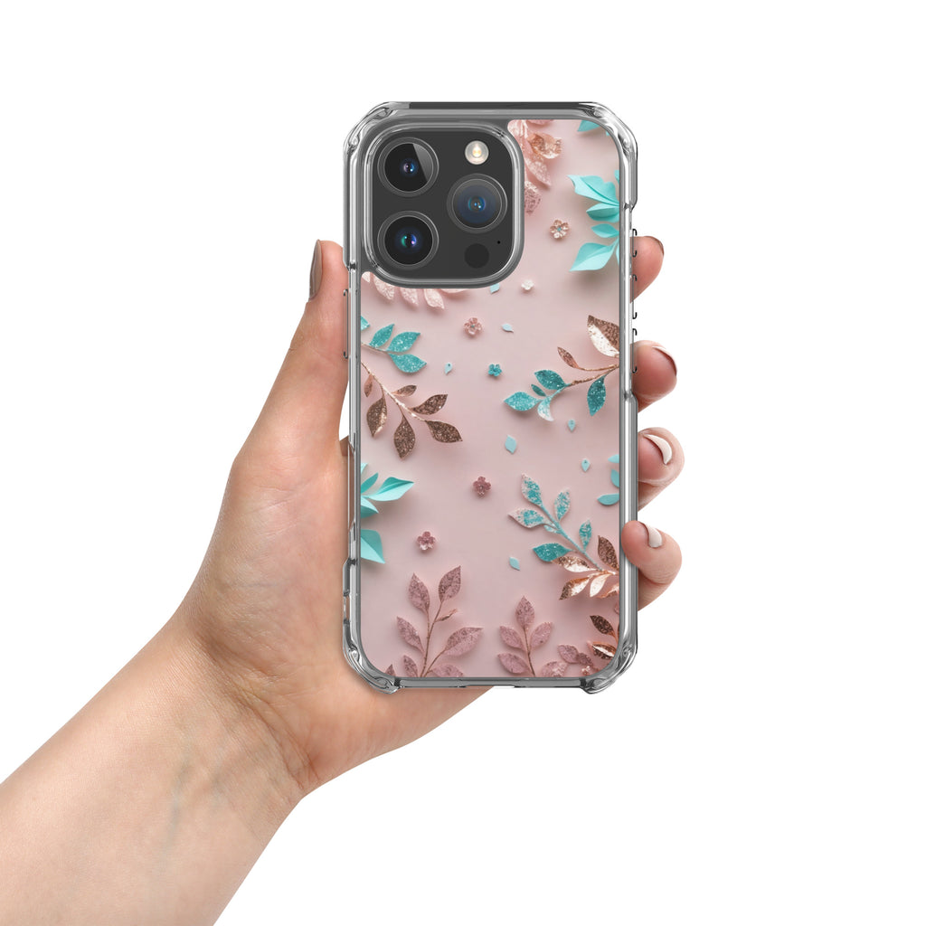 Blush Garden Glam Clear Case for iPhone 16 Pro - Pink & Teal Glitter Floral Protective Cover