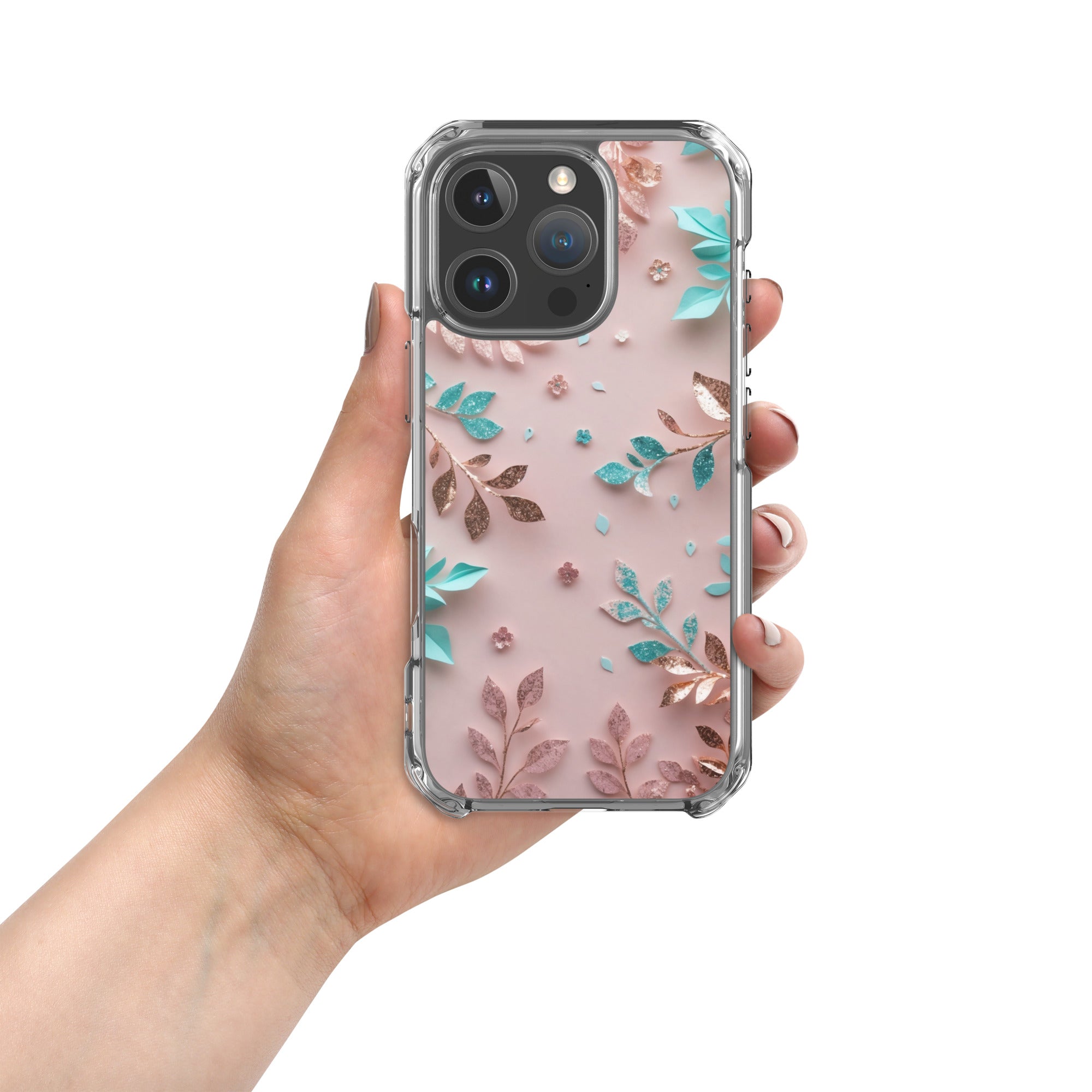 Blush Garden Glam Clear Case for iPhone 16 Pro - Pink & Teal Glitter Floral Protective Cover