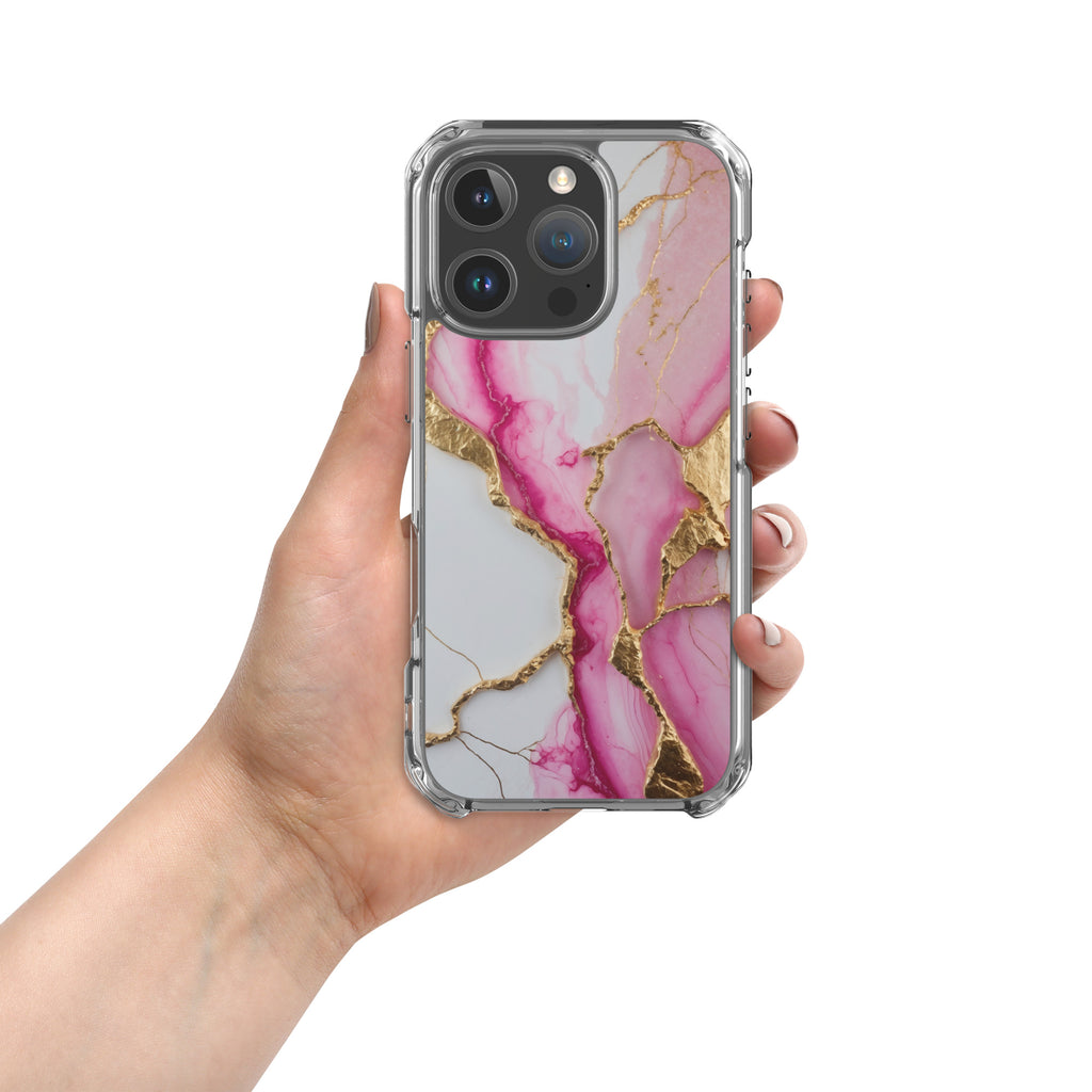 Pink Golden Marble Luxe Clear Case for iPhone 16 Pro - Luxury Pink & Gold Marble Protective Cover