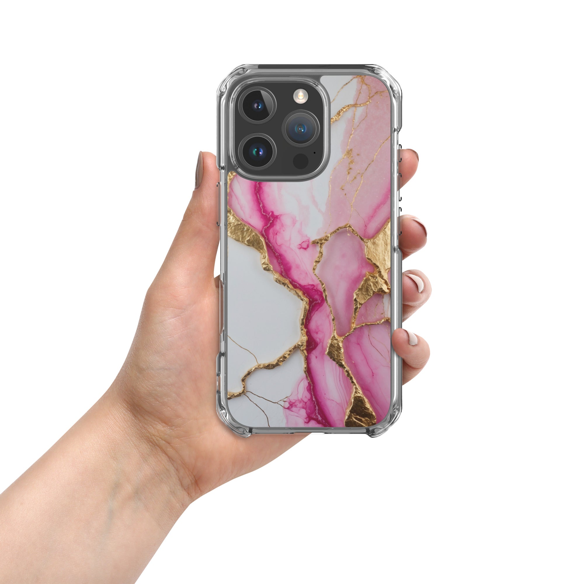 Pink Golden Marble Luxe Clear Case for iPhone 16 Pro - Luxury Pink & Gold Marble Protective Cover