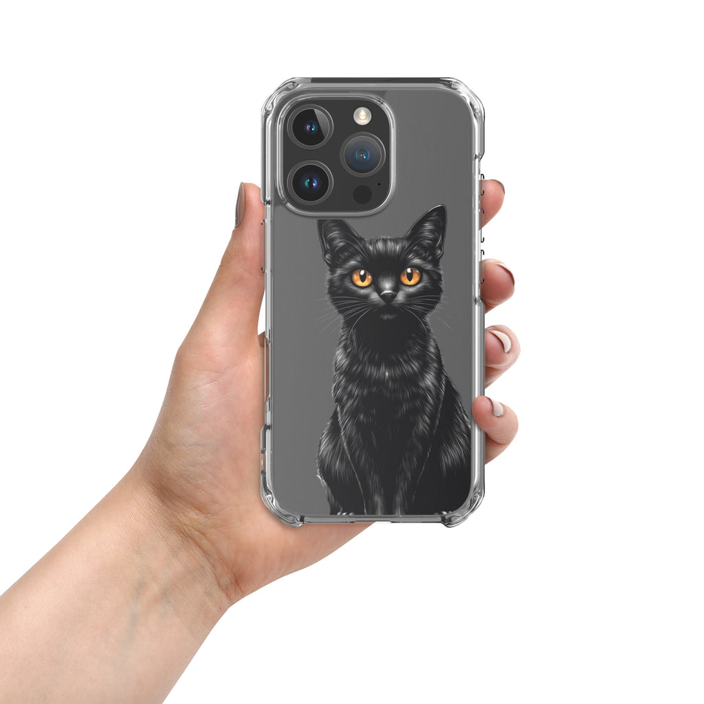 Midnight Black Cat Clear Case for iPhone 16 Pro - Elegant Black Cat Illustration Protective Cover