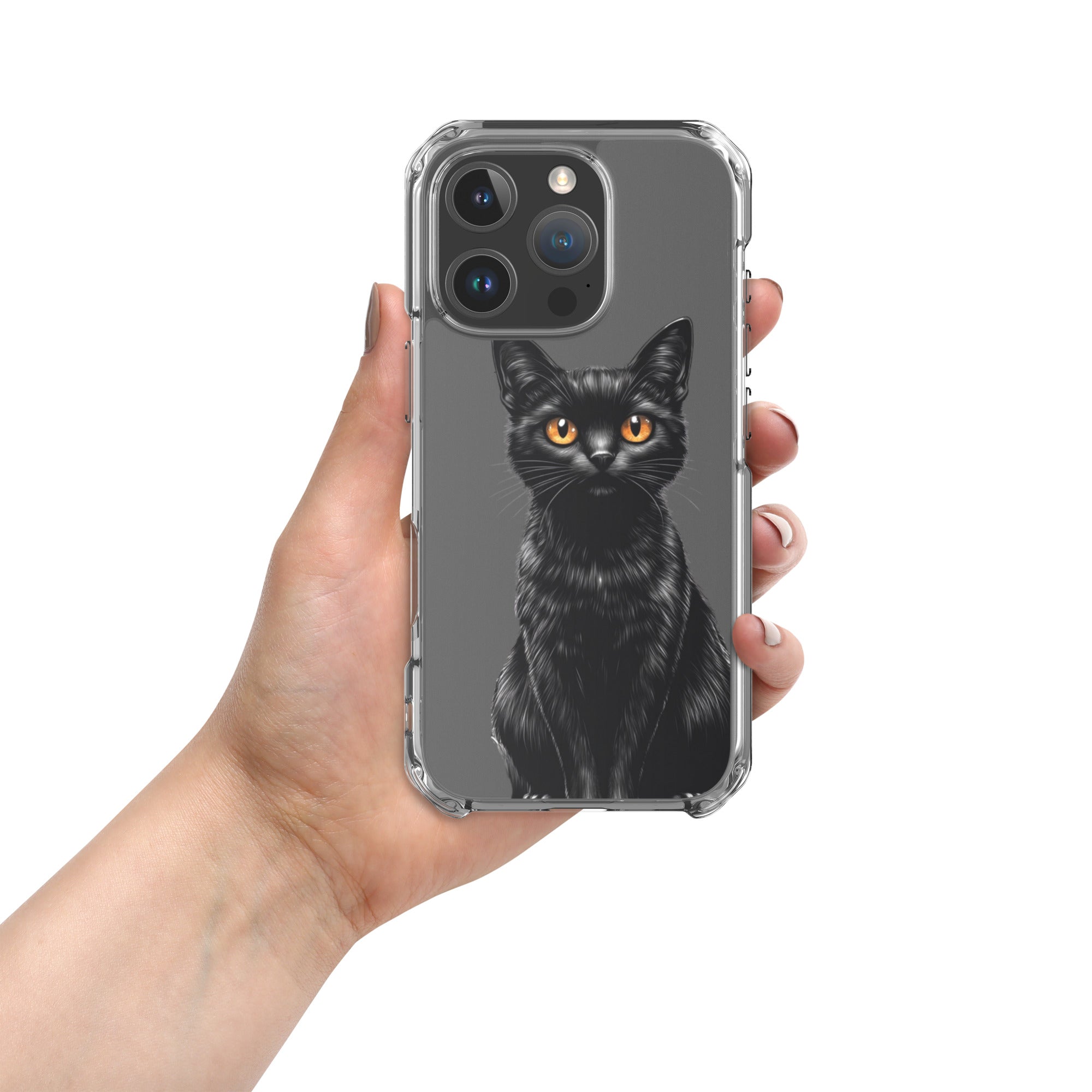Midnight Black Cat Clear Case for iPhone 16 Pro - Elegant Black Cat Illustration Protective Cover