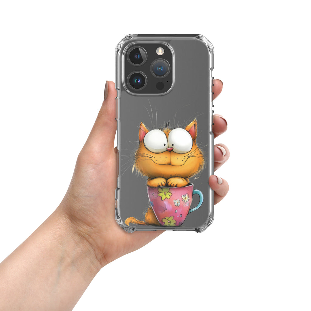Goofy Cat in Cup Clear Case for iPhone 16 Pro - Funny Cartoon Kitty Protective Cover