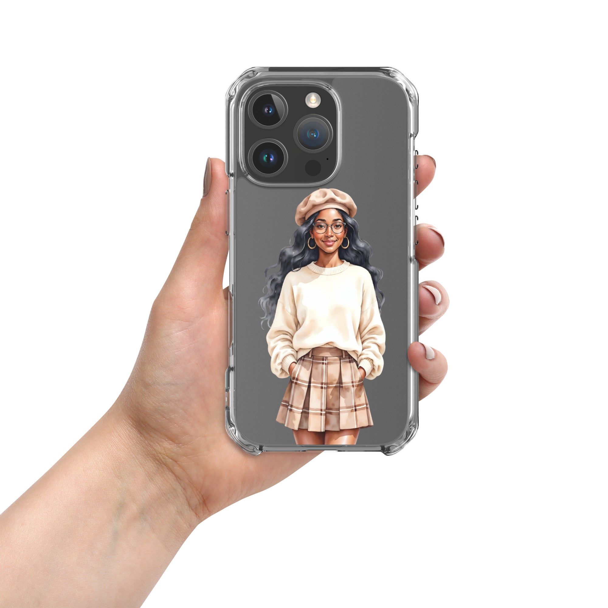 Cozy Plaid Autumn Girl Clear Case for iPhone 16 Pro - Fashion Illustration Protective Cover