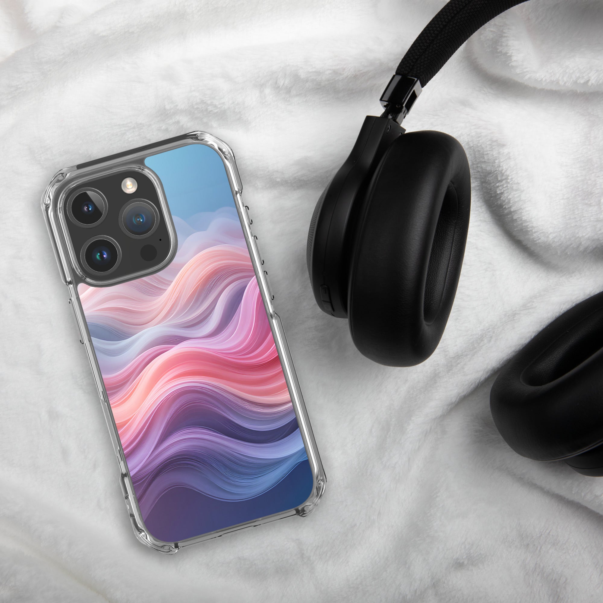 Velvet Currents Dream Clear Case for iPhone 16 Pro - Abstract Pink & Blue Waves Protective Cover