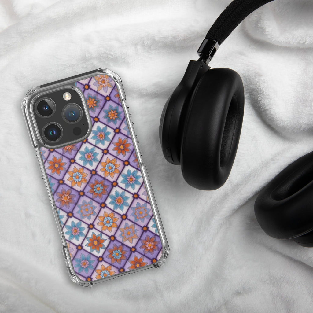 Violet Mosaic Blooms Clear Case for iPhone 16 Pro - Colorful Floral Pattern Protective Cover