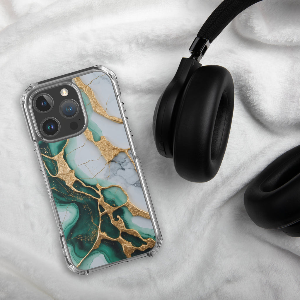 Emerald Golden Marble Flow Clear Case for iPhone 16 Pro - Luxury Green & Gold Marble Protective Cover
