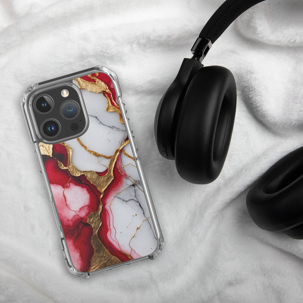 Crimson Golden Marble Luxe Clear Case for iPhone 16 Pro - Luxury Red & Gold Marble Protective Cover