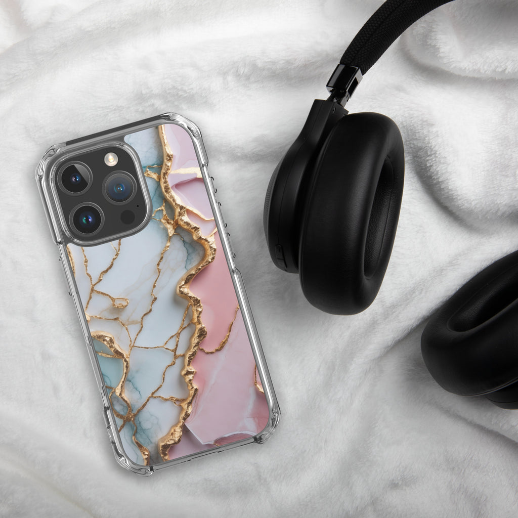 Pastel Golden Marble Fusion Clear Case for iPhone 16 Pro - Luxury Pink & Blue Marble Protective Cover