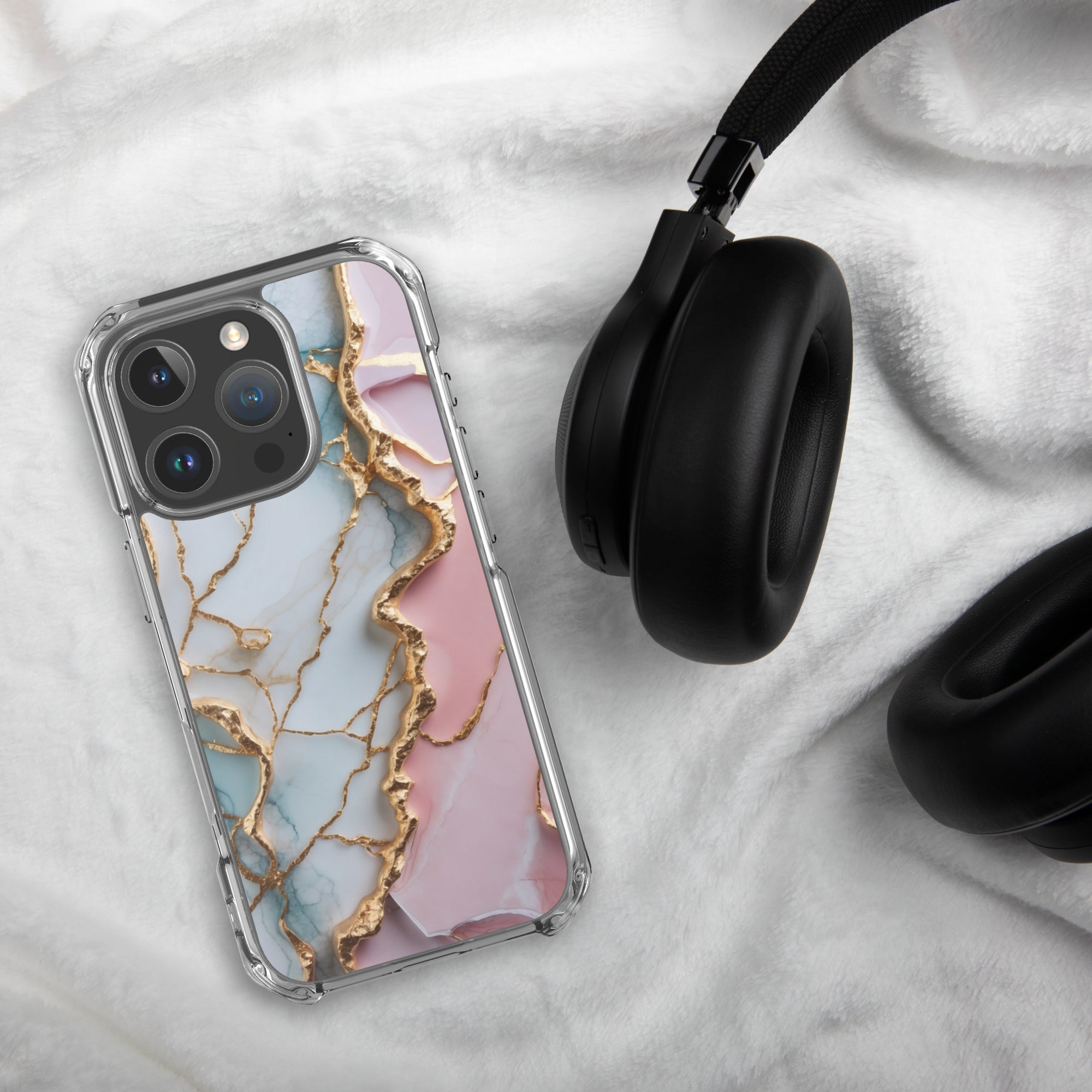 Pastel Golden Marble Fusion Clear Case for iPhone 16 Pro - Luxury Pink & Blue Marble Protective Cover