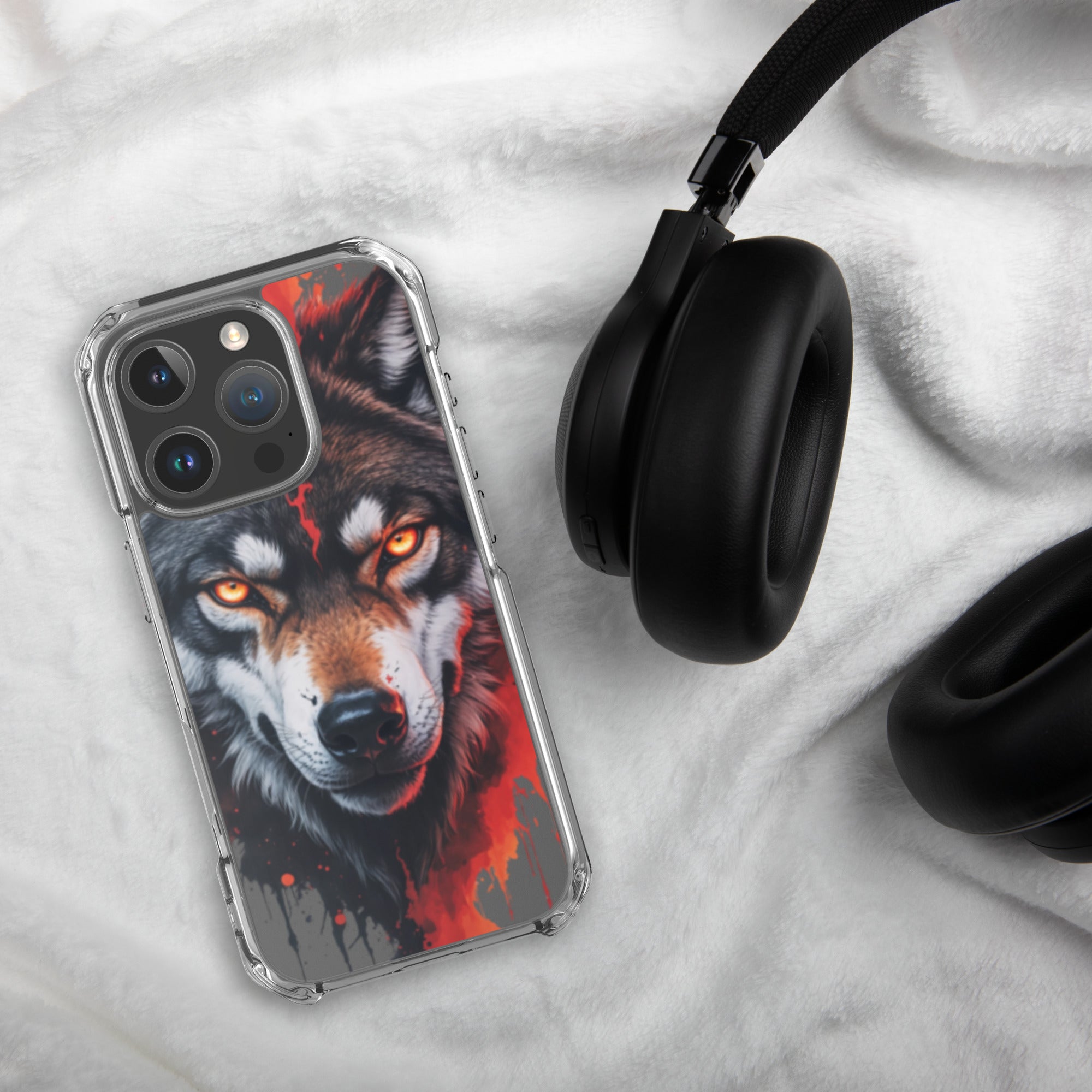 Dual Flame Wolf Clear Case for iPhone 16 Pro - Fierce Wolf Artwork Protective Cover