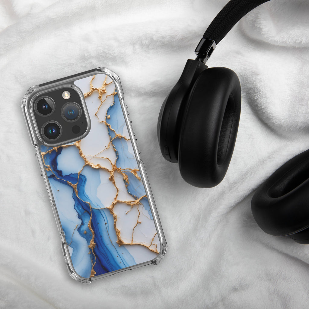 Royal Blue Marble Luxe Clear Case for iPhone 16 Pro - Luxury Blue & Gold Marble Protective Cover