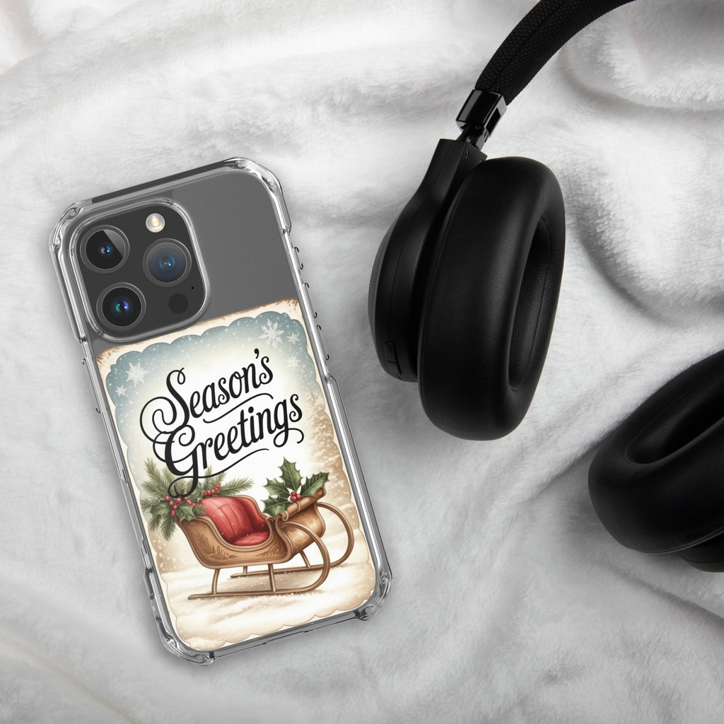 Season’s Greetings Vintage Holiday Clear Case for iPhone 16 Pro - Retro Christmas Sleigh Festive Cover