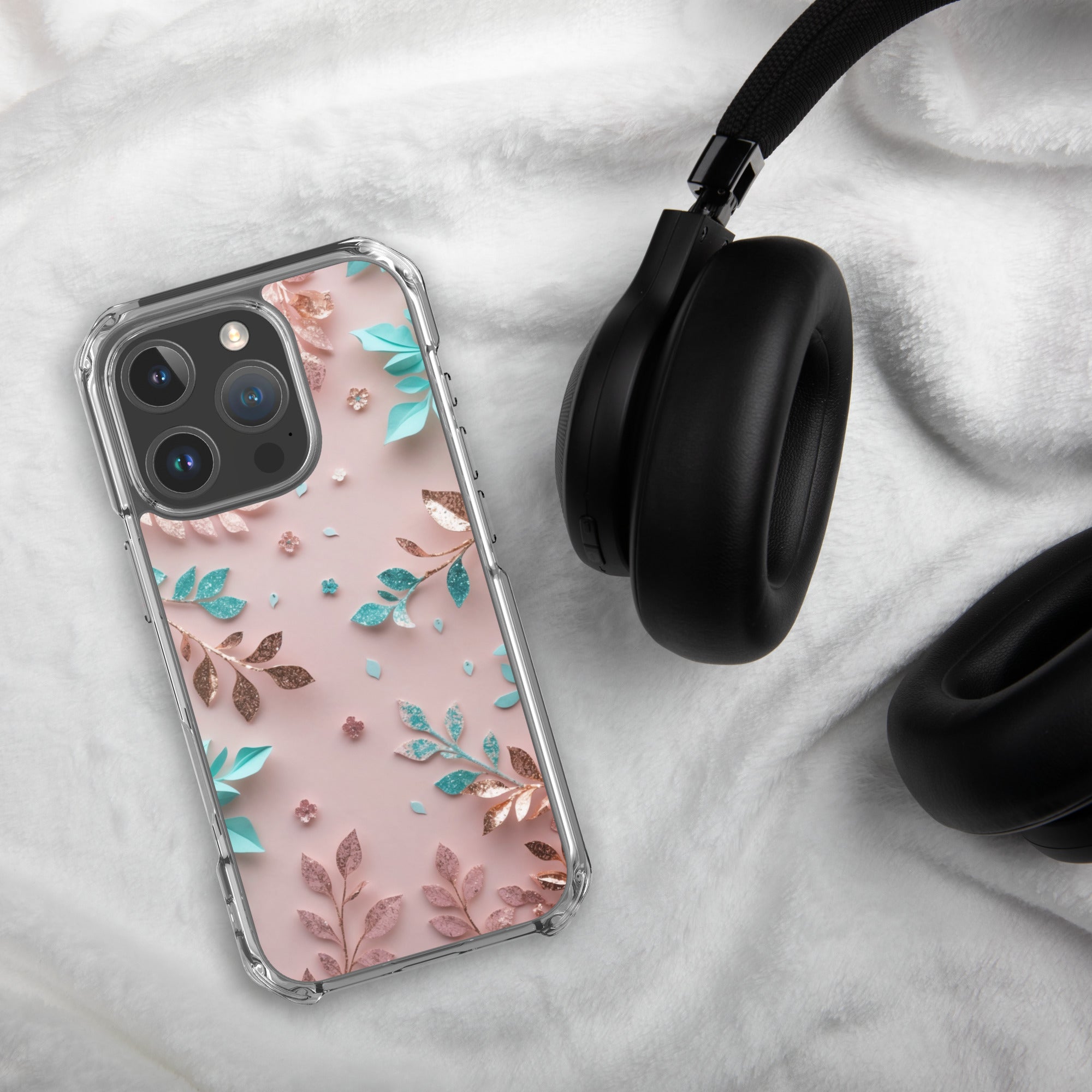Blush Garden Glam Clear Case for iPhone 16 Pro - Pink & Teal Glitter Floral Protective Cover