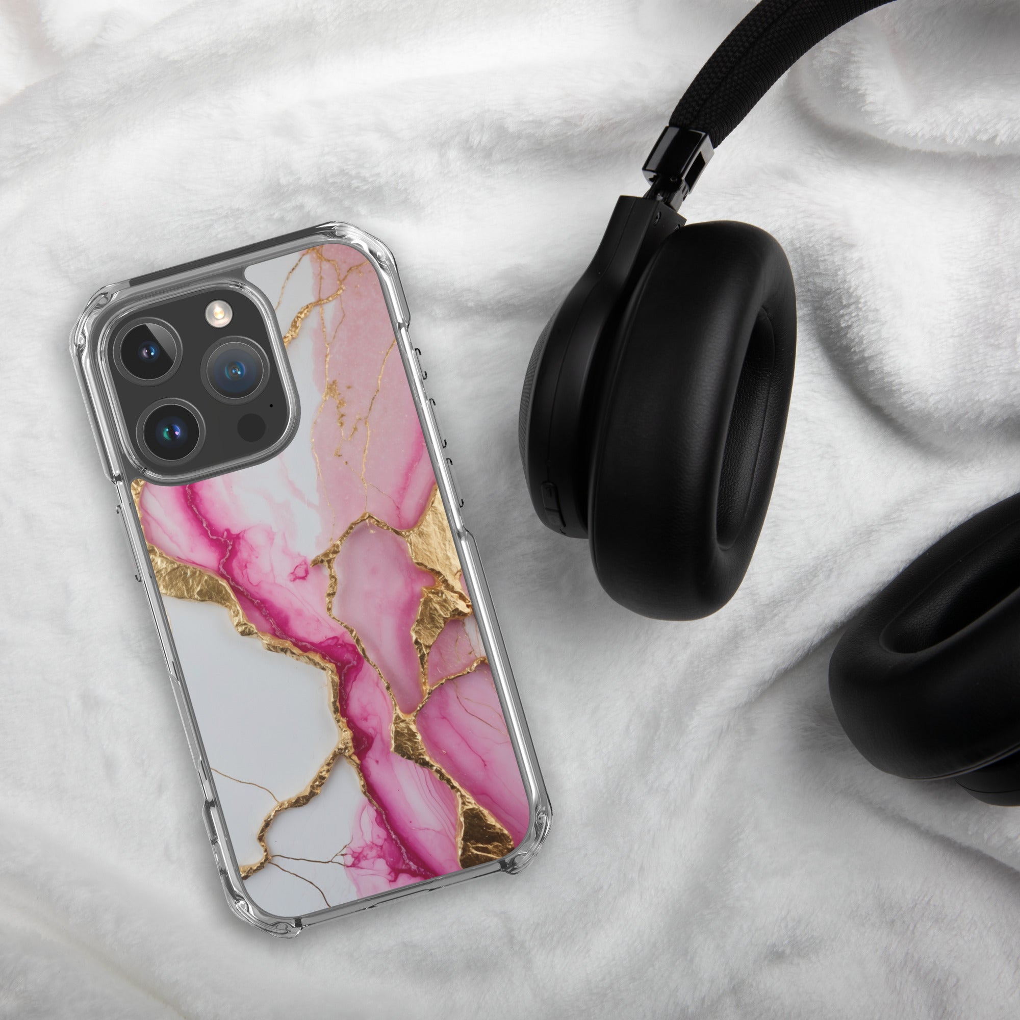 Pink Golden Marble Luxe Clear Case for iPhone 16 Pro - Luxury Pink & Gold Marble Protective Cover