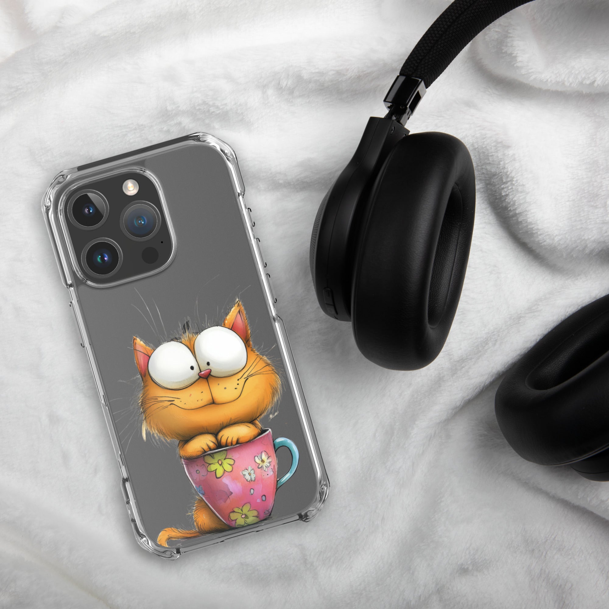 Goofy Cat in Cup Clear Case for iPhone 16 Pro - Funny Cartoon Kitty Protective Cover