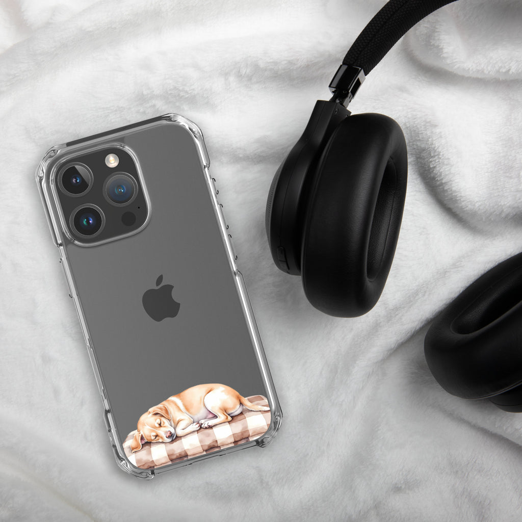 Sleepy Dog on Checkered Blanket Clear Case for iPhone 16 Pro - Cute Cozy Puppy Illustration Protective Cover