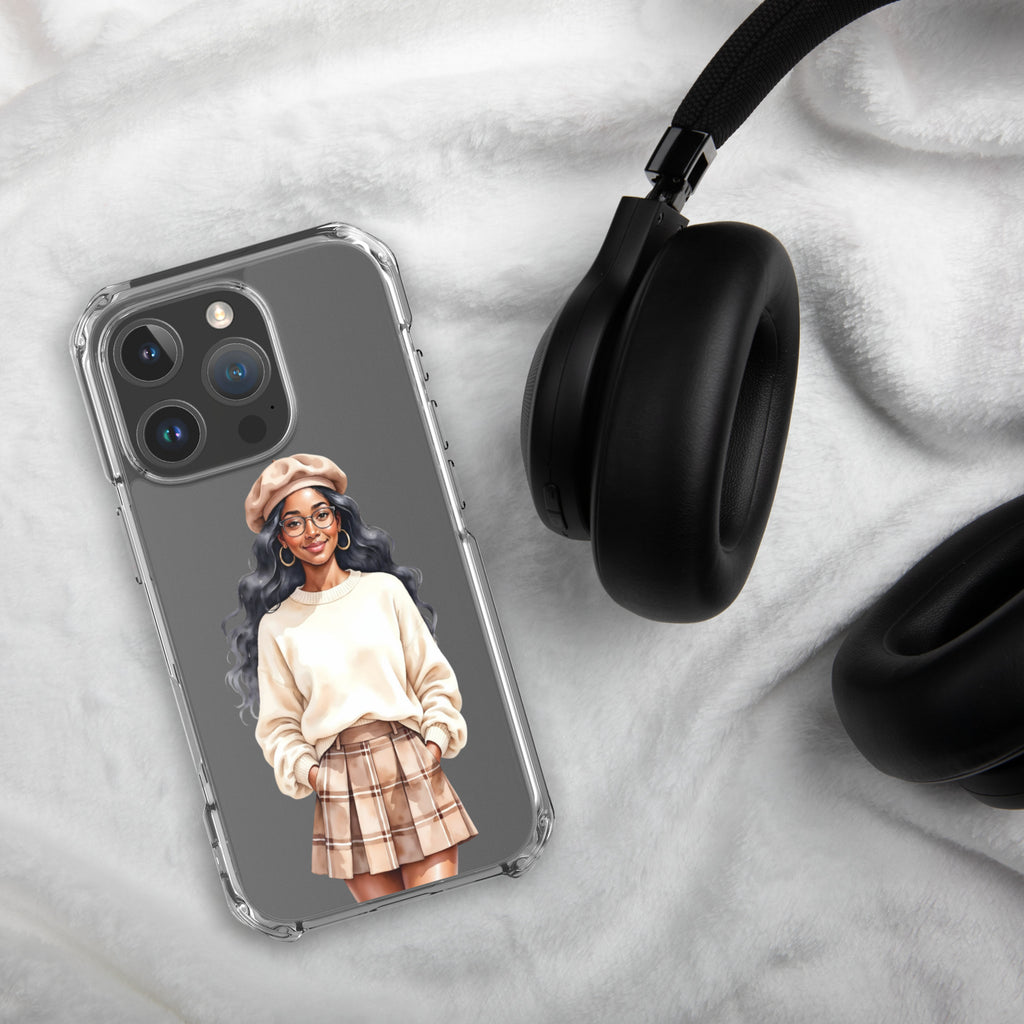 Cozy Plaid Autumn Girl Clear Case for iPhone 16 Pro - Fashion Illustration Protective Cover