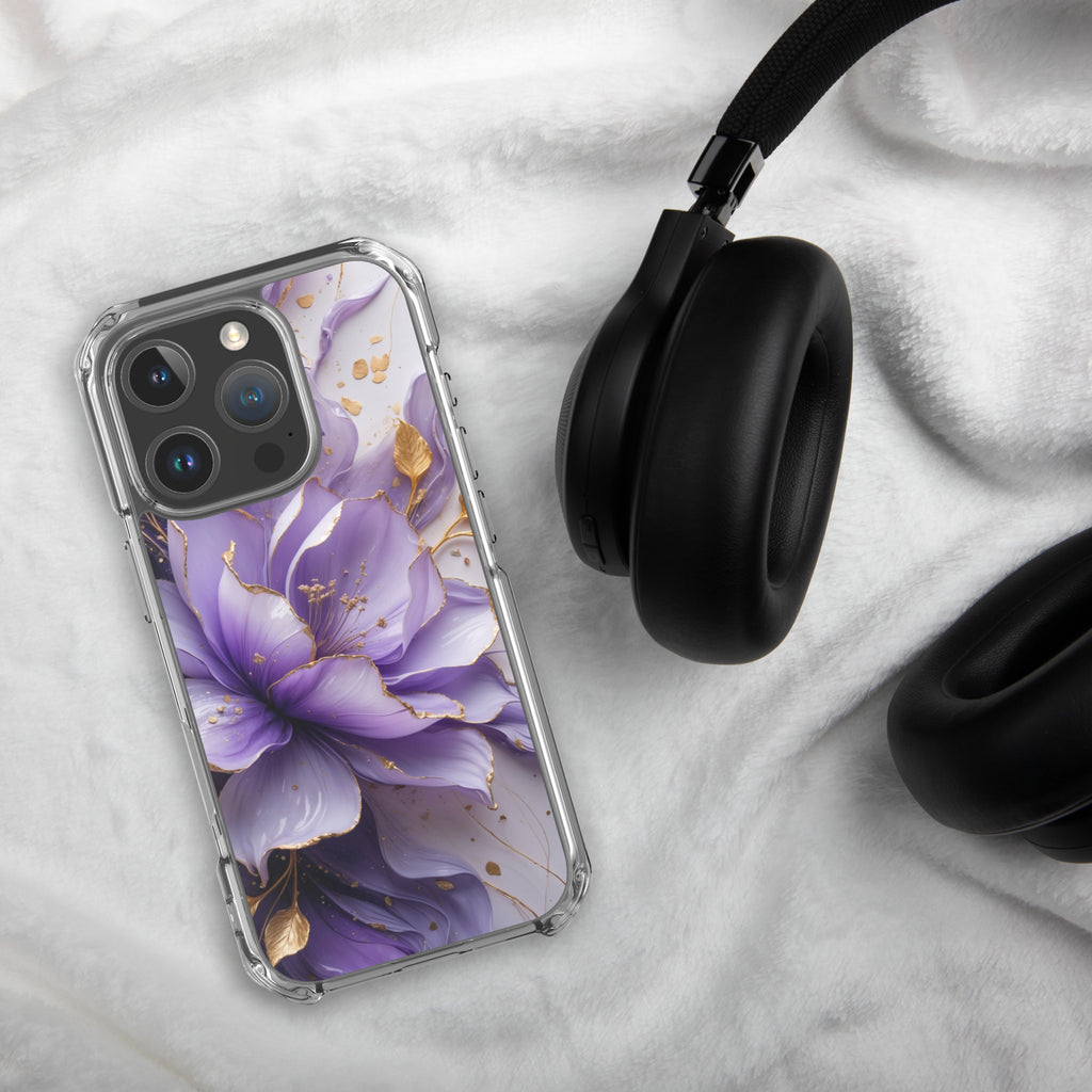 Royal Violet Bloom Clear Case for iPhone 16 Pro - Luxury Purple & Gold Floral Protective Cover