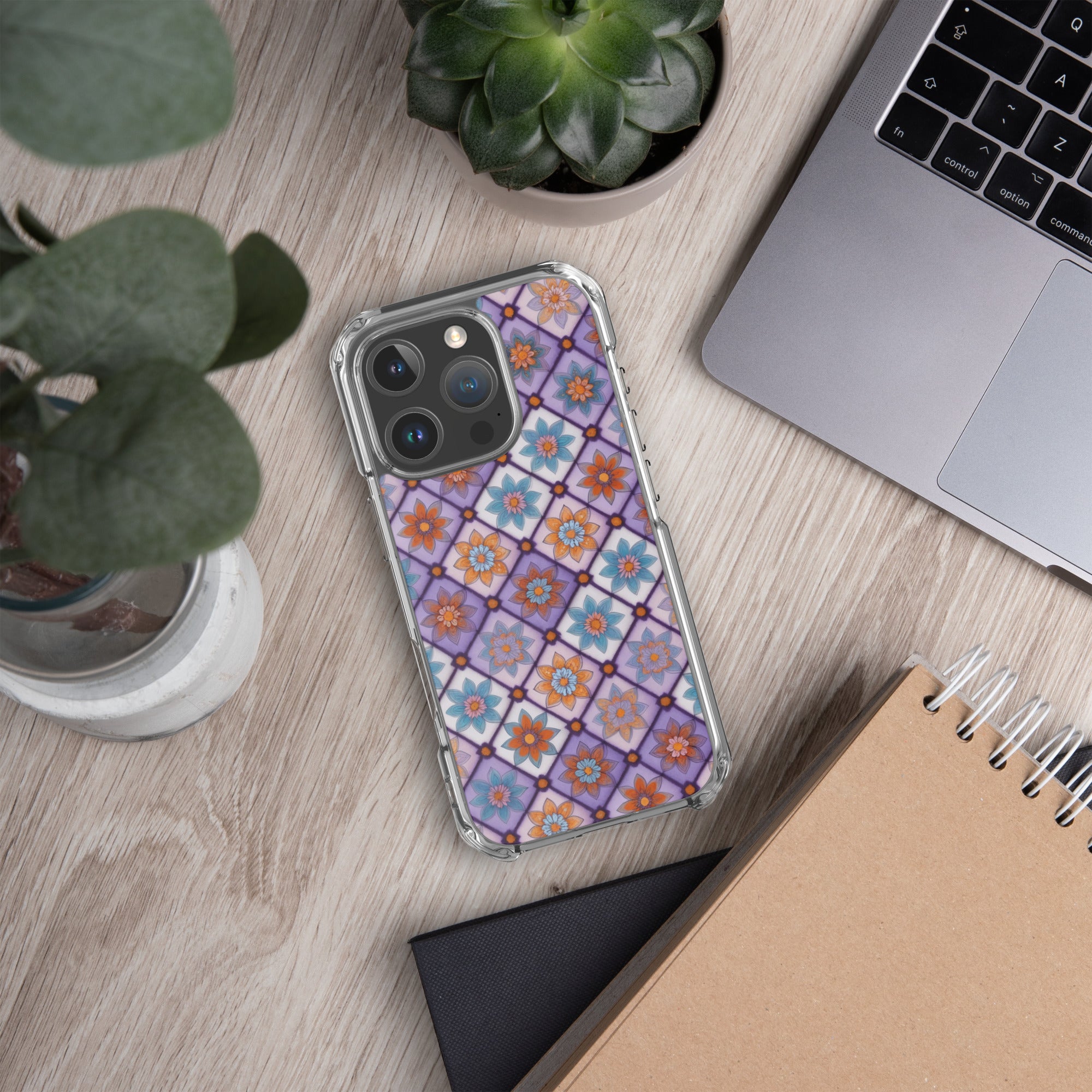 Violet Mosaic Blooms Clear Case for iPhone 16 Pro - Colorful Floral Pattern Protective Cover