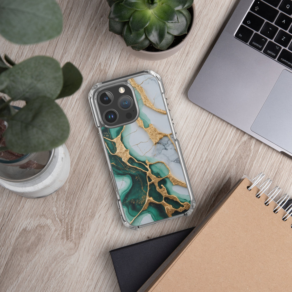 Emerald Golden Marble Flow Clear Case for iPhone 16 Pro - Luxury Green & Gold Marble Protective Cover