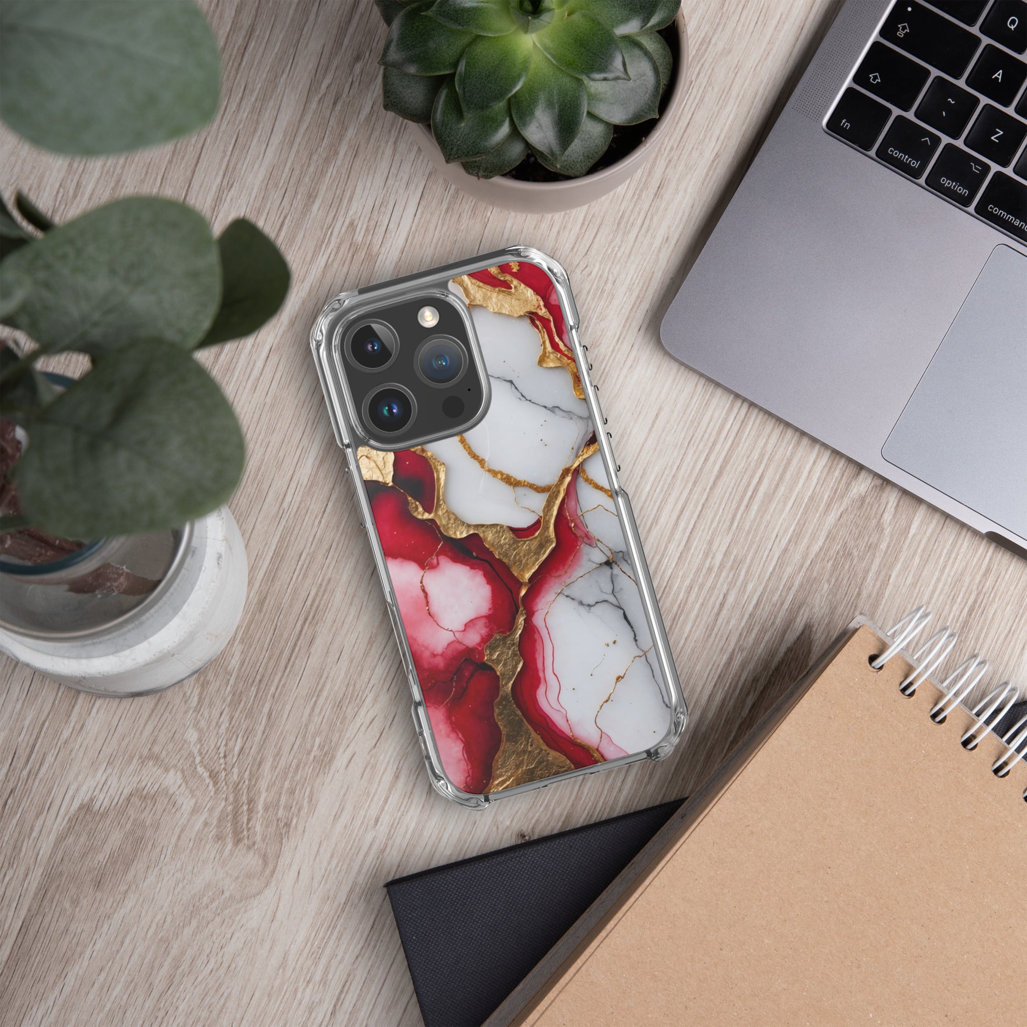 Crimson Golden Marble Luxe Clear Case for iPhone 16 Pro - Luxury Red & Gold Marble Protective Cover